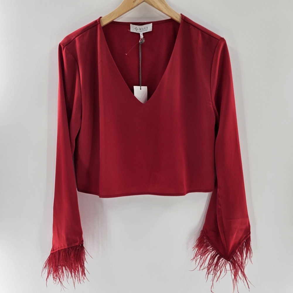 WAYF Red Long Sleeved Feather-Trim Cropped Satin V-Neck Top Womens Size Small - Picture 1 of 11